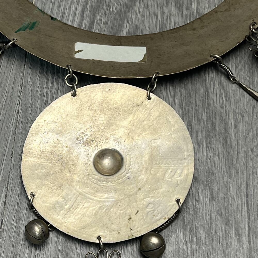 Tribal Boho Collar Statement Necklace Engraved Birds Medallion Dangles Bells - Picture 12 of 16